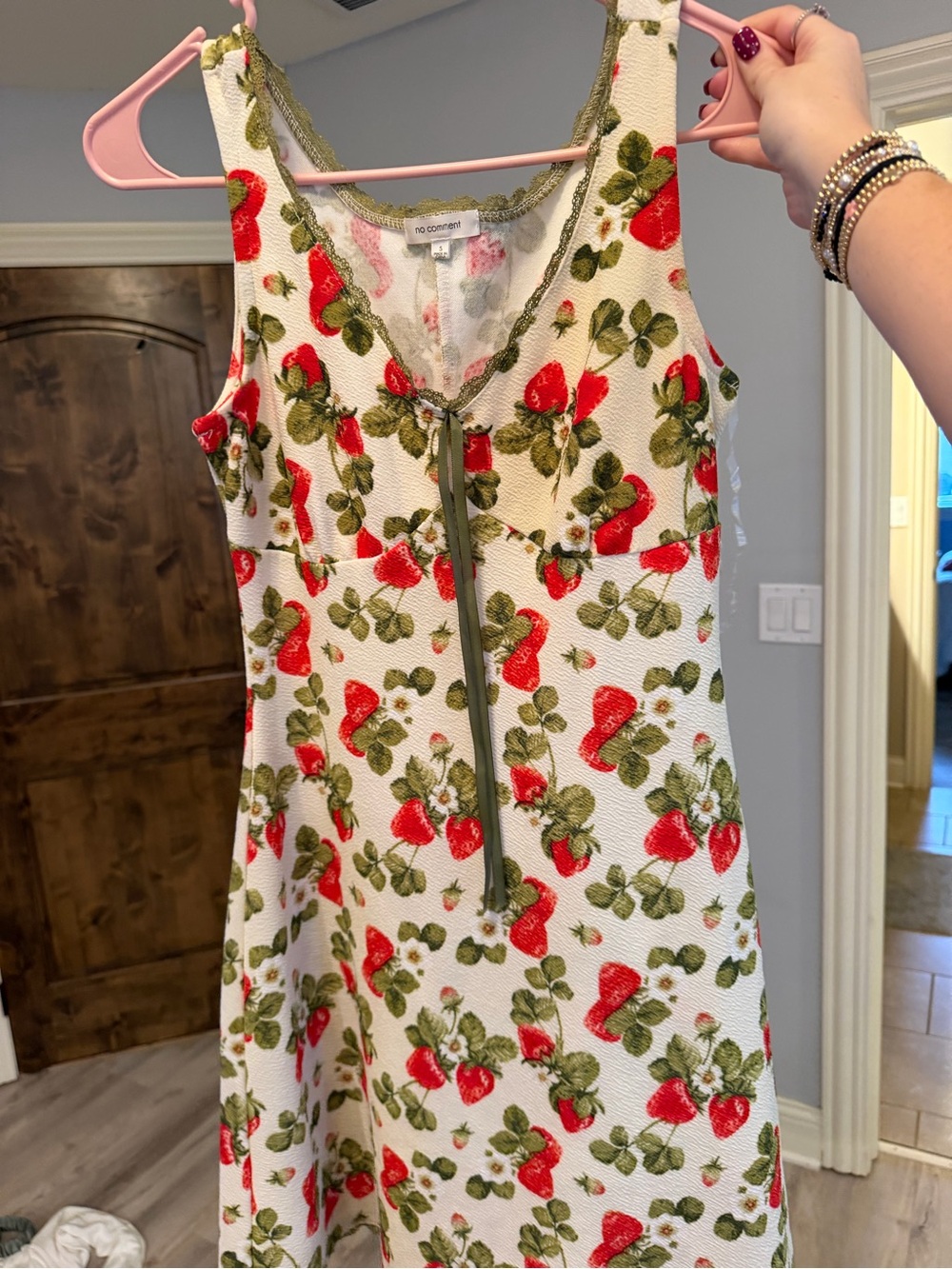 White Strawberry Print Dress with Green Trim